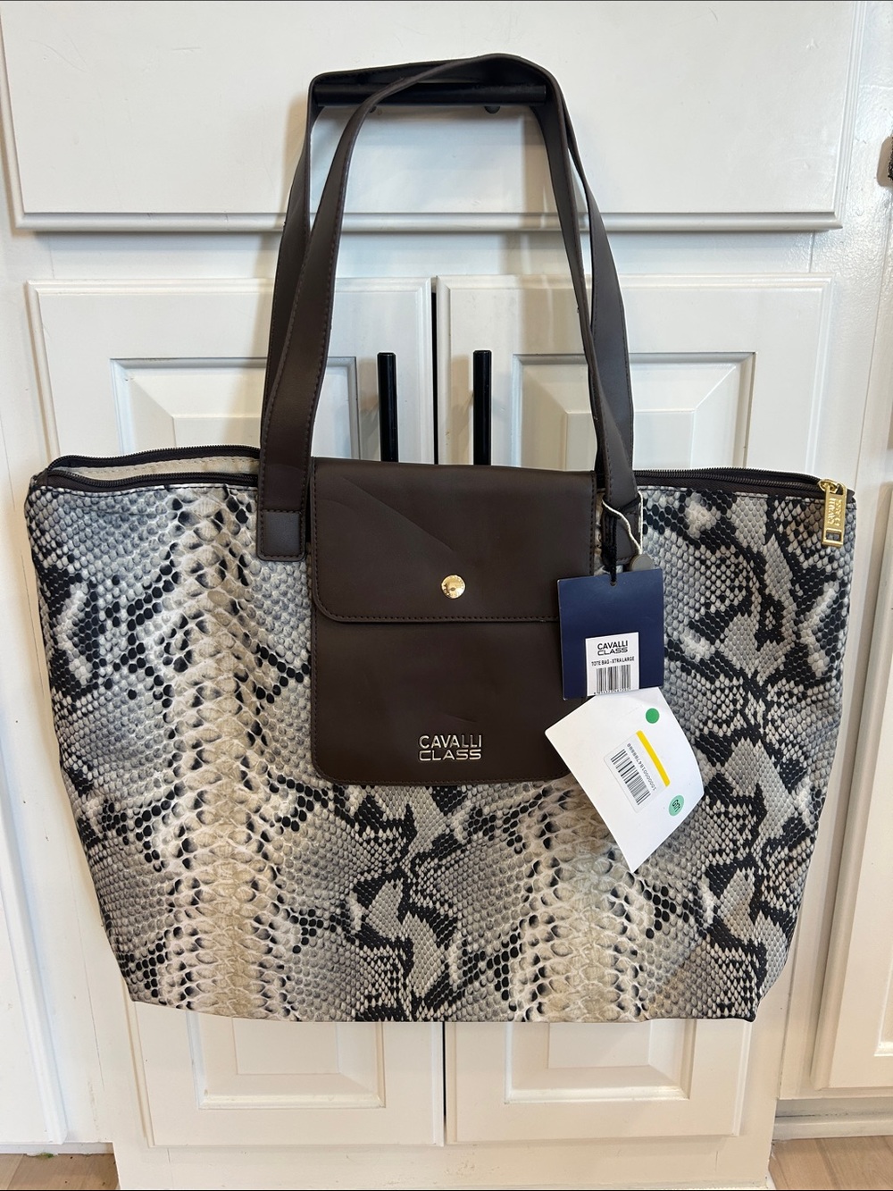 Cavalli Class Snake-Effect Tote in Black & Cream with Dark Brown Trim